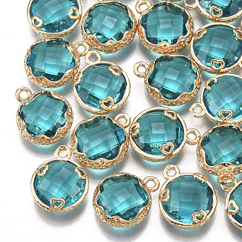 Glass Charms, with Brass Findings, Faceted, Flat Round with Heart, Golden, Dark Turquoise, 14x11.5x4.5mm, Hole: 1.5mm