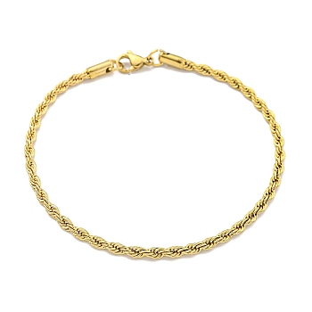 3MM 304 Stainless Steel Rope Chain Bracelets for Women, with Lobster Claw Clasps, Real 18K Gold Plated, 8-3/8 inch(21.4cm)