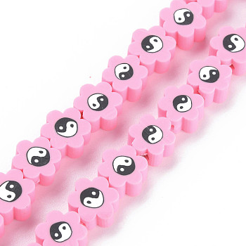 Handmade Polymer Clay Bead Strands, Flower with Yin Yang, Pearl Pink, 7~9x7~9x4~5mm, Hole: 1.2~1.4mm, about 40pcs/strand, 12.24 inch~12.80 inch(31.1cm~32.5cm)