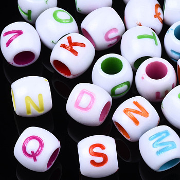Opaque White Acrylic European Beads, Large Hole Beads, Craft Style, Barrel with Letter, Mixed Color, 9x8.5mm, Hole: 5mm