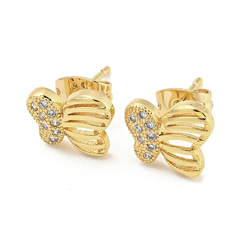 Brass Micro Pave Cubic Zirconia Ear Studs, Butterfly, Real 18K Gold Plated, 9x10mm