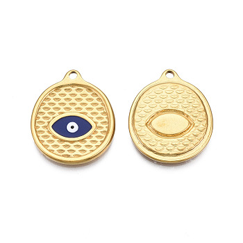 304 Stainless Steel Enamel Pendants, Real 18K Gold Plated, Oval with Evil Eye, Dark Blue, 24x20x2mm, Hole: 1.8mm