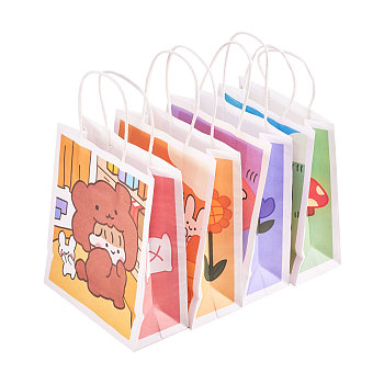 Paper Bags, with Handles, Gift Bags, Shopping Bags with Cartoon Pattern, Rectangle, Mixed Color, 29.7x18x8.2cm, 2pcs/color, 4 colors, 8pcs/set