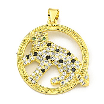Brass Micro Pave Cubic Zirconia Pendants, Ring with Leopard Charms, Real 18K Gold Plated, 26x23.5x3.5mm, Hole: 4x3mm