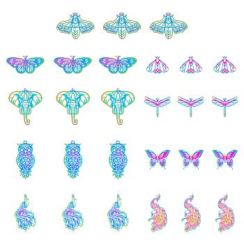 54Pcs 9 Style Ion Plating(IP) 201 Stainless Steel Filigree Pendants, Etched Metal Embellishments, Mixed Shapes, Rainbow Color, 21.5~58x23~48x0.2~0.3mm, Hole: 1.2~2.5mm, 6pcs/style