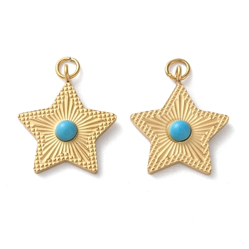 Synthetic Turquoise Star Pendants, Ion Plating(IP) 304 stainless Steel Pentagram Charms, Real 18K Gold Plated, 17x15x3mm, Hole: 2.8mm