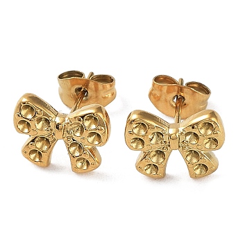 Ion Plating(IP) 304 Stainless Steel Stud Earrings Findings, Rhinestone Settings, Bowknot, Real 18K Gold Plated, 8.5x11mm, Pin: 0.7mm, Fit for 1.2mm Rhinestone