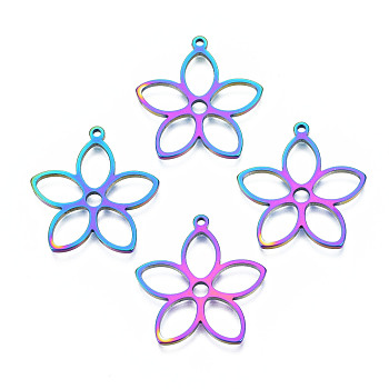 Ion Plating(IP) 201 Stainless Steel Pendants, Flower, Rainbow Color, 26x25x1.5mm, Hole: 1.4mm