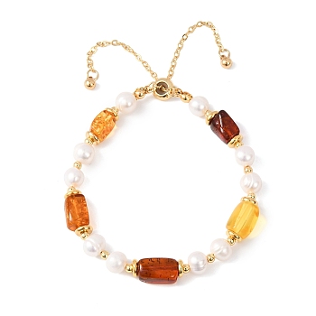 Adjustable Brass Cable Chains & Natural Cultured Freshwater Pearl & Amber Beads Slider Bracelets for Women, Mixed Shapes, Real 18K Gold Plated, Inner Diameter: 2.01~3.31  inch(5.1~8.4cm)