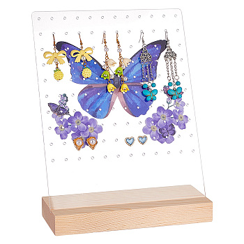 Transparent Acrylic Earring Displays, Earring Stud Organizer Holder with Wooden Pedestal, Rectangle, Blue, Butterfly Pattern, Finish Product: 18.1x20x26cm, about 2pcs/set
