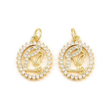 Brass Micro Pave Clear Cubic Zirconia Pendants, Oval with Virgin Mary Charms, Rack Plating, Long-Lasting Plated, Lead Free & Cadmium Free, Real 18K Gold Plated, 18.5x14x2mm, Hole: 4mm