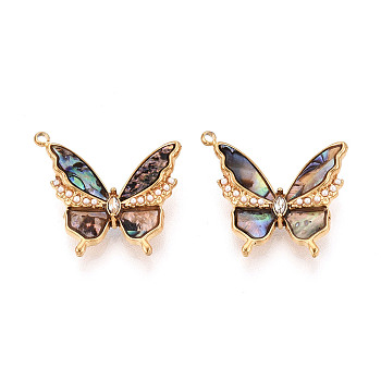304 Stainless Steel & Shell & Rhinestone & ABS Imitation Pearl Butterfly Pendants, Golden, Seashell Color, 19.5x22.5x4.5mm, Hole: 1.5mm