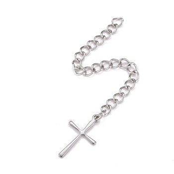 304 Stainless Steel Chain Extender, Curb Chain, with 202 Stainless Steel Charms, Cross, Stainless Steel Color, 68~70mm, Link: 3.7x3x0.5mm, Cross: 16x9.5x0.6mm