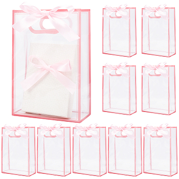 12Pcs Rectangle Plastic Gift Bags, Candy Tote for Birthday, Wedding, with 23M Stain Ribbon, Pink, 26x18x0.2cm