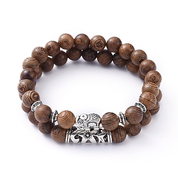 Stretch Bracelets Sets, with Natural Wood Beads and Tibetan Style Alloy Beads, Elephant & Tube, Coconut Brown, Inner Diameter: 2 inch(5.2cm), 2pcs/set