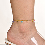 304 Stainless Steel Cable Chain with Flat Round Cubic Zirconia Charm Anklets, Flat Round, Golden, Colorful, 8-1/4 inch(210mm)(WG525D3-01)