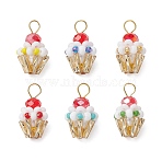 Glass Seed Beaded Cupcake Pendants, with Golden Brass Ball Head Pins Loop & Glass Pearl Round Bead & Glass Beads, Mixed Color, 19x12mm, Hole: 3.5mm(PALLOY-MZ00581)