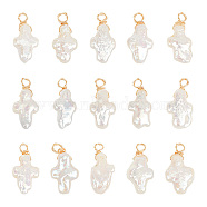 15Pcs Natural Keshi Pearl Pendants, Religion Cross Charm, Cultured Freshwater Pearl, with Light Gold Tone Copper Wire Wrapped, Seashell Color, 20~22x8.5~9.5x4~4.5mm, Hole: 3mm(PALLOY-NB0003-84)