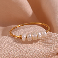 Nuggets Stainless Steel & Natural Freshwater Pearl Beads Finger Rings, Golden, Inner Diameter: 17~17.3mm(WG1BE4A-03)