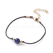 Natural Lapis Lazuli(Dyed) Beaded Bracelets, with Waxed Cotton Cords, Brass Round Beads and Lobster Claw Clasps, Golden, 7-5/8~7-7/8 inch(19.5~20cm)(BJEW-JB05505-04)