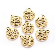 Tibetan Style Alloy Flat Round with Star Charms, Wicca Charms, Pentacle, Cadmium Free & Lead Free, Antique Golden, 20.5x16.9x1.7mm, Hole: 2.2mm(X-TIBEP-5248-AG-LF)