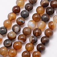 Natural Striped Agate/Banded Agate Bead Strands, Round, Dyed & Heated, Saddle Brown, 8mm, Hole: 1mm, about 47pcs/strand, 15 inch(G-K166-13-8mm-02)