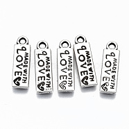 Tibetan Style Alloy Pendants, Rectangle with Word Made with Love & Heart Shape, Cadmium Free & Lead Free, Antique Silver, 18x5x1mm, Hole: 1.6mm, about 1700pcs/1000g(TIBEP-N009-062AS-RS)