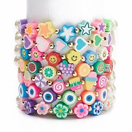 7Pcs 7 Style Star & Smiling Face & Flower Polymer Clay Stretch Bracelets Set with Glass Pearl Beaded, Fruit Candy Preppy Bracelets for Women, Mixed Color, Inner Diameter: 2-1/8 inch(5.3cm), 1Pc/style(BJEW-JB08786)