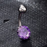 Piercing Jewelry, Brass Cubic Zirconia Navel Ring, Belly Rings, with 304 Stainless Steel Bar, Lead Free & Cadmium Free, Flat Round, Platinum, Purple, 19x8mm, Bar: 15 Gauge(1.5mm), Bar Length: 3/8"(10mm)(AJEW-EE0006-26E)