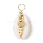 Natural Cowrie Shell Copper Wire Wrapped Pendants, Brass Charms, Golden, Heart, 25.5~28.5x12.5~15.5x9~11.5mm, Hole: 3.5~4.5mm(PALLOY-JF02932-02)