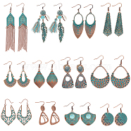 12 Pair 12 Style Tibetan Style Alloy Geometry Dangle Earrings, Chandelier Drop Earrings for Women, Oval & Fan & Arrow & Flower & Feather Shape, Red Copper & Green Patina, 55~106x16.5~35mm, 1 Pair/style(EJEW-AN0003-85)