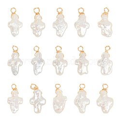 15Pcs Natural Keshi Pearl Pendants, Religion Cross Charm, Cultured Freshwater Pearl, with Light Gold Tone Copper Wire Wrapped, Seashell Color, 20~22x8.5~9.5x4~4.5mm, Hole: 3mm(PALLOY-NB0003-84)