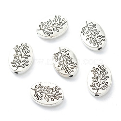 Tibetan Style Alloy Beads, Cadmium Free & Lead Free, Oval with Leaf, Antique Silver, 13x10x3mm, Hole: 1.6mm(TIBEP-XCP0002-06AS)