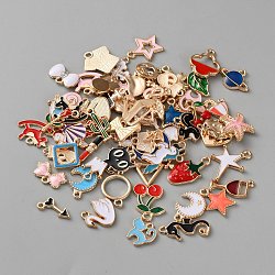 Zinc Alloy Enamel Pendants, Mixed Shapes, Light Gold, Mixed Color, 8~23x4.5~18.5x1.5~4.5mm, Hole: 1.4~2mm, 100pcs/set(FIND-WH0609-37A)