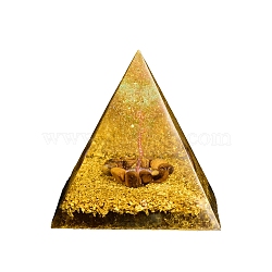 Orgonite Pyramid Resin Display Decorations, with Natural Peridot, Tiger Eye Chips, Gold Foil and Copper Wires Inside, for Home Office Desk Decorations, Gold, 80mm(PW-WGDE81D-01)