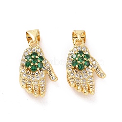 Brass Micro Pave Cubic Zirconia Pendants, Hand with Flower Charms, Green, 19x11x5mm, Hole: 3x3.5mm(ZIRC-F134-30G-01)