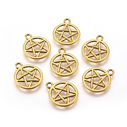 Tibetan Style Alloy Flat Round with Star Charms, Wicca Charms, Pentacle, Cadmium Free & Lead Free, Antique Golden, 20.5x16.9x1.7mm, Hole: 2.2mm(X-TIBEP-5248-AG-LF)