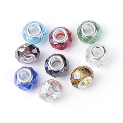 Pearlized Glass European Beads, Large Hole Beads, with Silver Color Plated Brass Double Cors, Faceted, Rondelle, Mixed Color, 14x9mm, Hole: 5mm(X-GDA002)