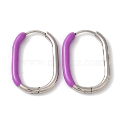 Oval Ion Plating(IP) 304 Stainless Steel Hoop Earrings for Women, with Enamel, Stainless Steel Color, Orchid, 27x19mm(EJEW-L287-038P-04)