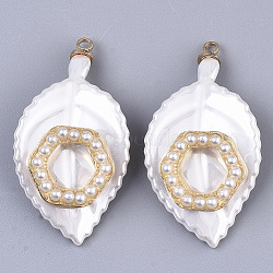 ABS Plastic Pendants, with ABS Plastic Imitation Pearl, Light Gold Plated Alloy Finding and Brass Loop, Leaf with Hexagon, White, 34.5x18.5x6mm, Hole: 1.6mm(KY-T018-10)