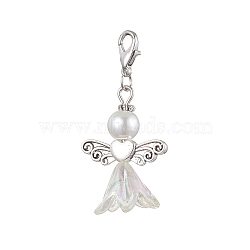 Wedding Season Angel Glass Pearl & Acrylic Pendant Decorations, Zinc Alloy Lobster Claw Clasps Charms for Bag Key Chain Ornaments, White, 45mm, Pendant: 31x23.5x16mm(HJEW-JM01923-01)