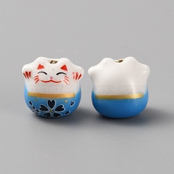 Handmade Porcelain Beads, Famille Rose Porcelain, for DIY Accessories, Fortune Cat, Dodger Blue, 13x14x11mm, Hole: 2mm(PORC-WH0006-02F)