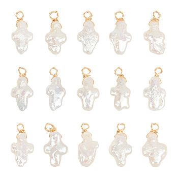 15Pcs Natural Keshi Pearl Pendants, Religion Cross Charm, Cultured Freshwater Pearl, with Light Gold Tone Copper Wire Wrapped, Seashell Color, 20~22x8.5~9.5x4~4.5mm, Hole: 3mm