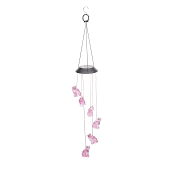 LED Solar Powered Cat Wind Chime, Waterproof, with Resin and Iron Findings, for Outdoor, Garden, Yard, Festival Decoration, Pearl Pink, 85cm