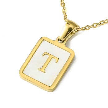 Ion Plating(IP) Rectangle with Initial Letter 304 Stainless Steel Pendant Necklace, white Shell, Real 18K Gold Plated, Letter T, 16.06 inch(40.8cm)
