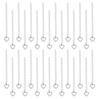 40Pcs 304 Stainless Steel Curb Chain Extender, End Chains with Heart Chain Tabs, Stainless Steel Color, 60mm