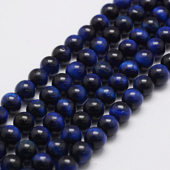 Natural Tiger Eye Bead Strands, Round, Dyed & Heated, Dark Blue, 4mm, Hole: 0.6mm, about 88~93pcs/strand, 15.5 inch