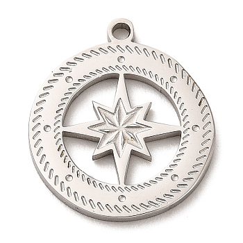 Non-Tarnish 304 Stainless Steel Pendants, Compass Charm, Stainless Steel Color, 18.5x16x1mm, Hole: 1.2mm