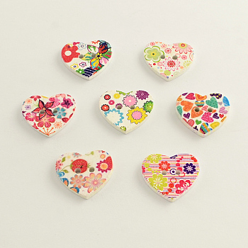 2-Hole Printed Wooden Buttons, Heart with Flower, Mixed Color, 22x25x3~4mm, Hole: 3mm