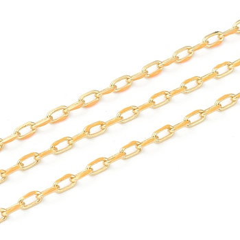 Handmade Golden Brass Enamel Link Chains, Cable Chains, with Spool, Soldered, Long-Lasting Plated, Oval, Orange, 7x4x1mm, 32.8 Feet(10m)/roll